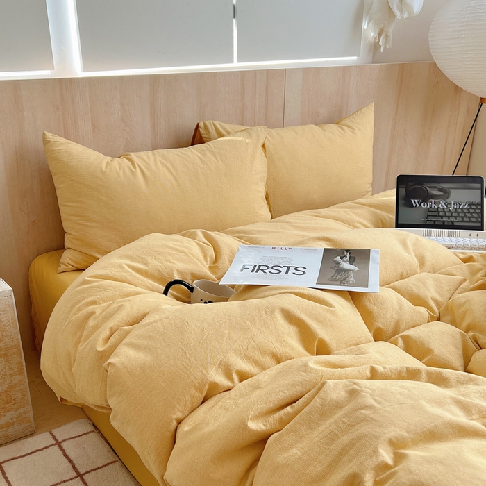 91家纺网 家纺一手货源 找家纺 雅居纺家纺 2024新款色织水洗棉四件套 千鸟格黄