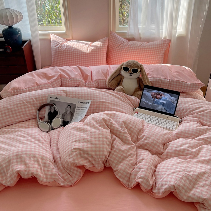 91家纺网 家纺一手货源 找家纺 雅居纺家纺 2024新款色织水洗棉四件套 粉小格