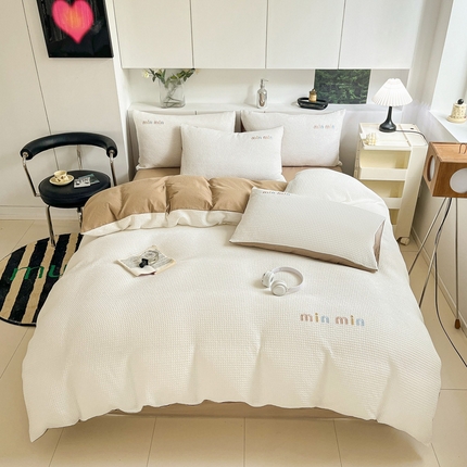 91家纺网 家纺一手货源 找家纺 雅居纺家纺 2024新款全棉华夫格绣花四件套 Min-白+卡其