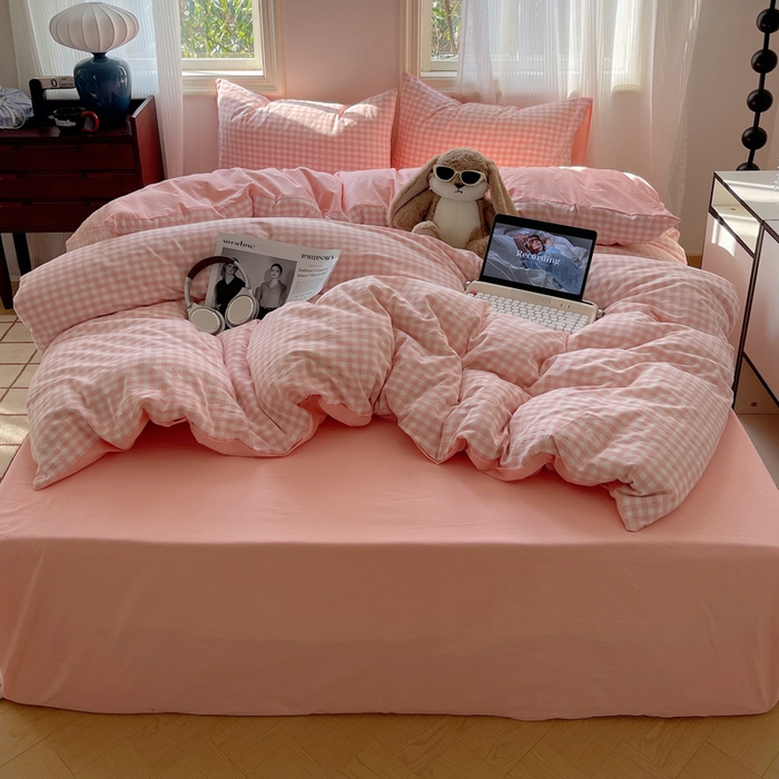 91家纺网 家纺一手货源 找家纺 雅居纺家纺 2024新款色织水洗棉四件套 粉小格