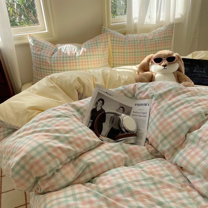 91家纺网 家纺一手货源 找家纺 雅居纺家纺 2024新款色织水洗棉四件套 奶油格