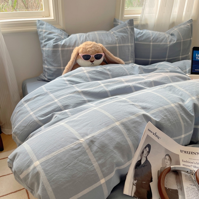 91家纺网 家纺一手货源 找家纺 雅居纺家纺 2024新款色织水洗棉四件套 柏林蓝格