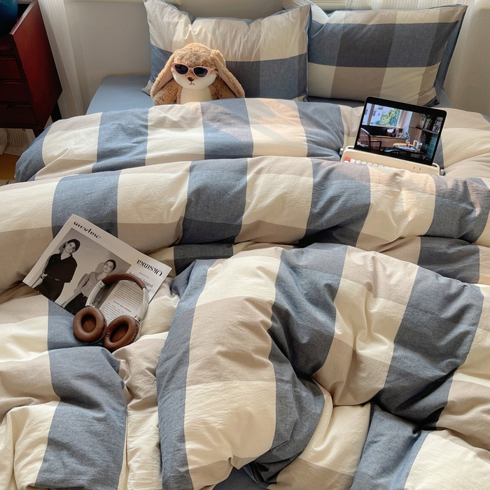 91家纺网 家纺一手货源 找家纺 雅居纺家纺 2024新款色织水洗棉四件套 蓝大格