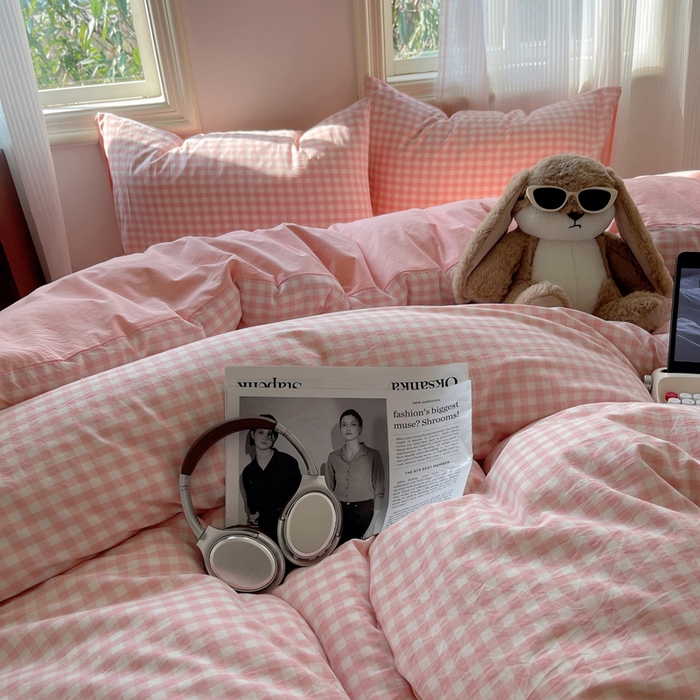 91家纺网 家纺一手货源 找家纺 雅居纺家纺 2024新款色织水洗棉四件套 粉小格