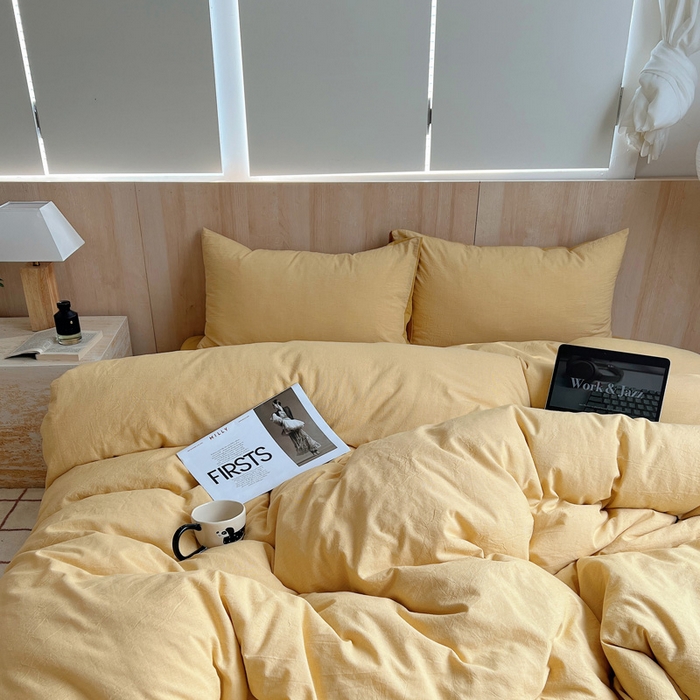 91家纺网 家纺一手货源 找家纺 雅居纺家纺 2024新款色织水洗棉四件套 千鸟格黄