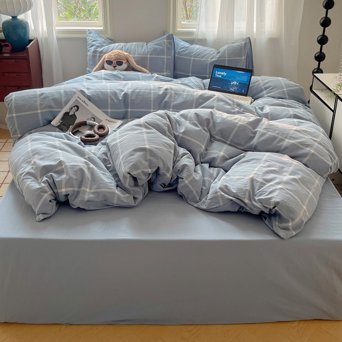 91家纺网 家纺一手货源 找家纺 雅居纺家纺 2024新款色织水洗棉四件套 柏林蓝格