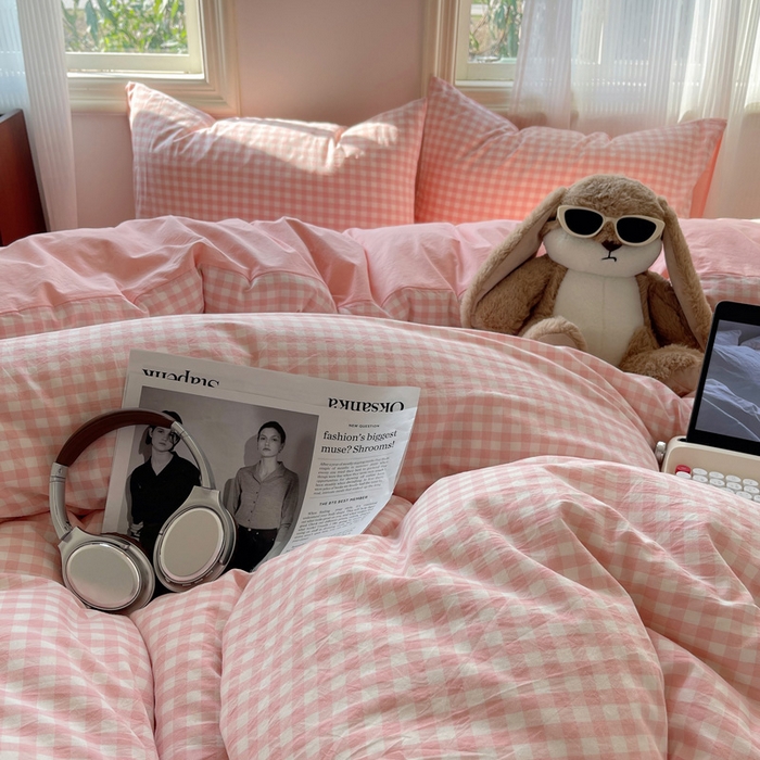 91家纺网 家纺一手货源 找家纺 雅居纺家纺 2024新款色织水洗棉四件套 粉小格