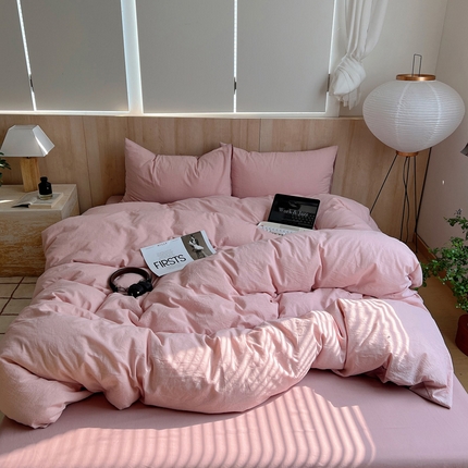 雅居纺家纺 2024新款色织水洗棉四件套 千鸟格粉