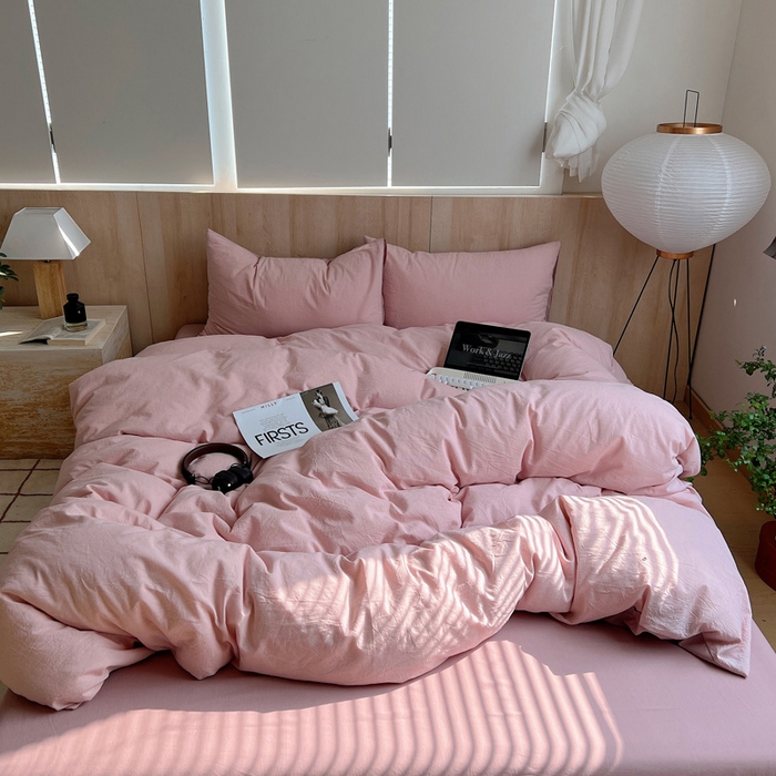 91家纺网 家纺一手货源 找家纺 雅居纺家纺 2024新款色织水洗棉四件套 千鸟格粉