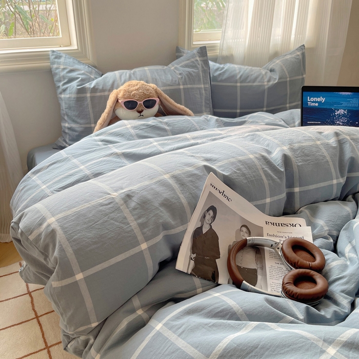 91家纺网 家纺一手货源 找家纺 雅居纺家纺 2024新款色织水洗棉四件套 柏林蓝格