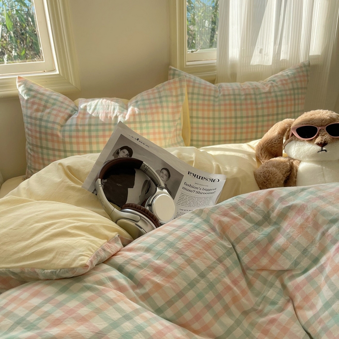 91家纺网 家纺一手货源 找家纺 雅居纺家纺 2024新款色织水洗棉四件套 奶油格