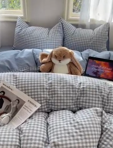 91家纺网 家纺一手货源 找家纺 雅居纺家纺 2024新款色织水洗棉四件套 蓝小格