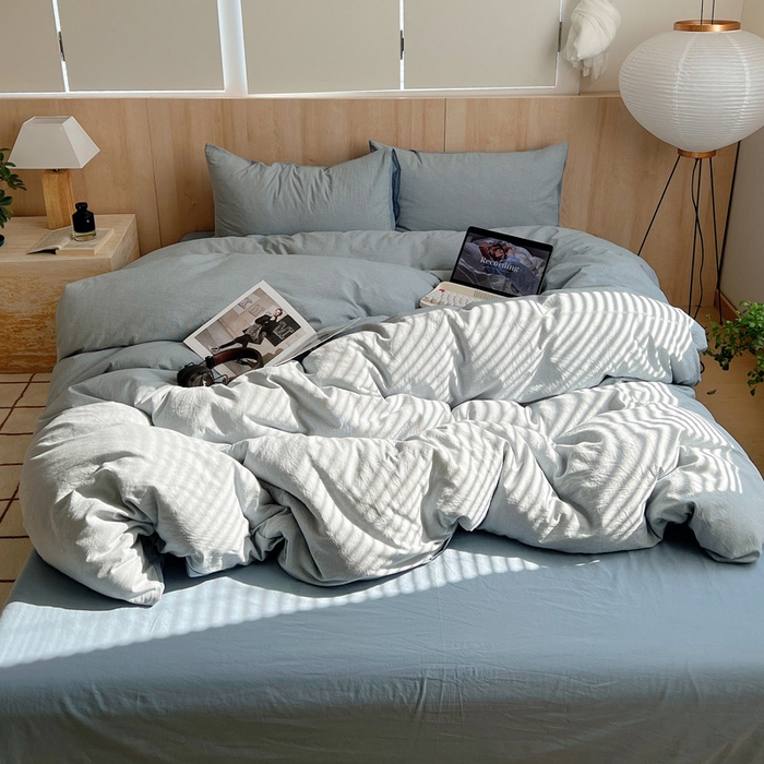 91家纺网 家纺一手货源 找家纺 雅居纺家纺 2024新款色织水洗棉四件套 千鸟格蓝