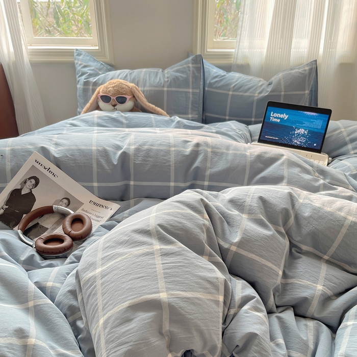 91家纺网 家纺一手货源 找家纺 雅居纺家纺 2024新款色织水洗棉四件套 柏林蓝格