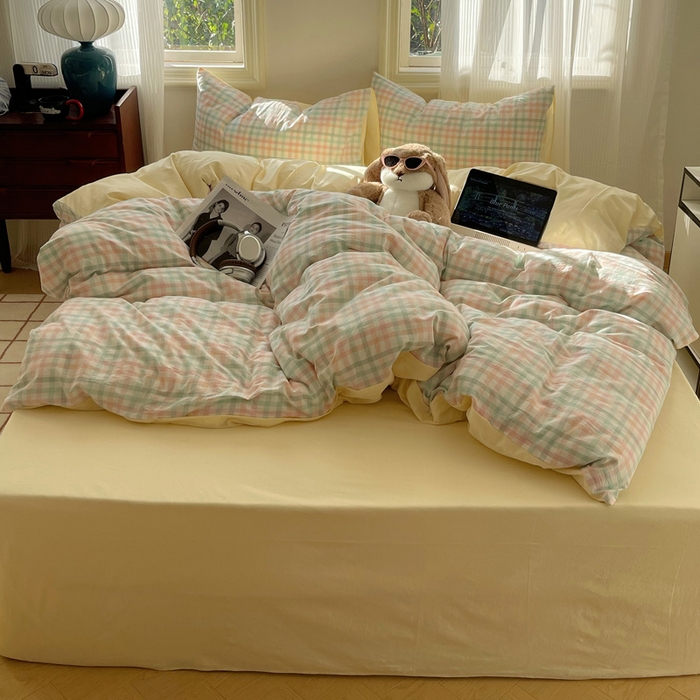 91家纺网 家纺一手货源 找家纺 雅居纺家纺 2024新款色织水洗棉四件套 奶油格