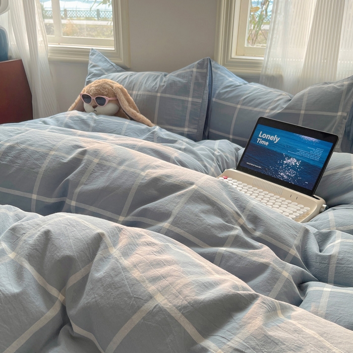 91家纺网 家纺一手货源 找家纺 雅居纺家纺 2024新款色织水洗棉四件套 柏林蓝格