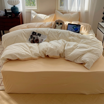 雅居纺家纺 2024新款色织水洗棉四件套 竖条黄