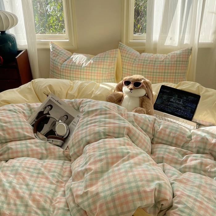 91家纺网 家纺一手货源 找家纺 雅居纺家纺 2024新款色织水洗棉四件套 奶油格