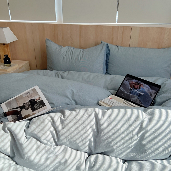 91家纺网 家纺一手货源 找家纺 雅居纺家纺 2024新款色织水洗棉四件套 千鸟格蓝