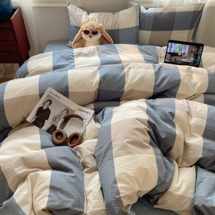 91家纺网 家纺一手货源 找家纺 雅居纺家纺 2024新款色织水洗棉四件套 蓝大格