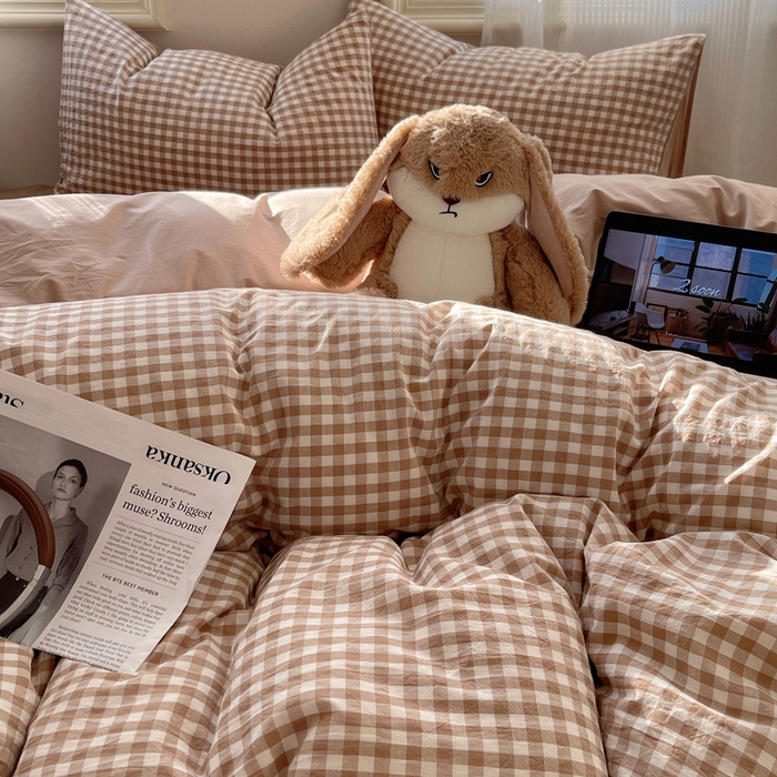 91家纺网 家纺一手货源 找家纺 雅居纺家纺 2024新款色织水洗棉四件套 咖小格