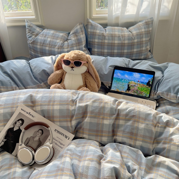 91家纺网 家纺一手货源 找家纺 雅居纺家纺 2024新款色织水洗棉四件套 蓝调格