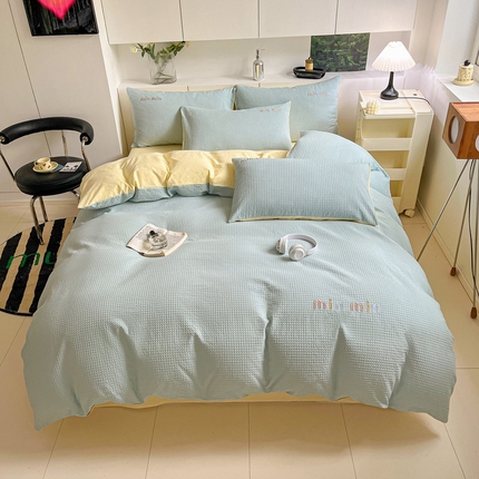 雅居纺家纺 2024新款全棉华夫格绣花四件套 Min-蓝+黄