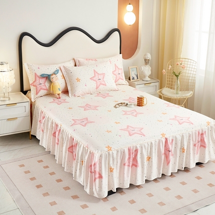 名优家纺 2024新款13070全棉印花系列单床裙 粉色星