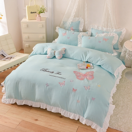 欧冠家纺 2024四季款云锦棉刺绣绣花四件套-羽蝶 羽蝶-碧绿