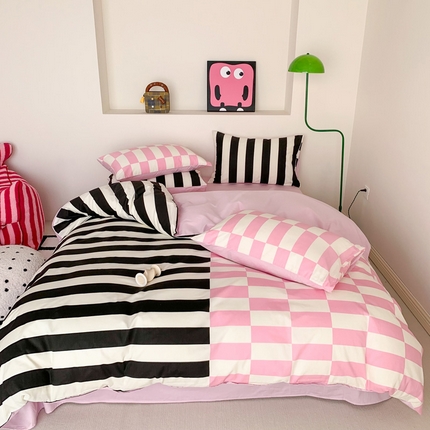 91家纺网 家纺一手货源 找家纺 澳萝拉 2024新款全棉条纹大版四件套 甜酷黑莓