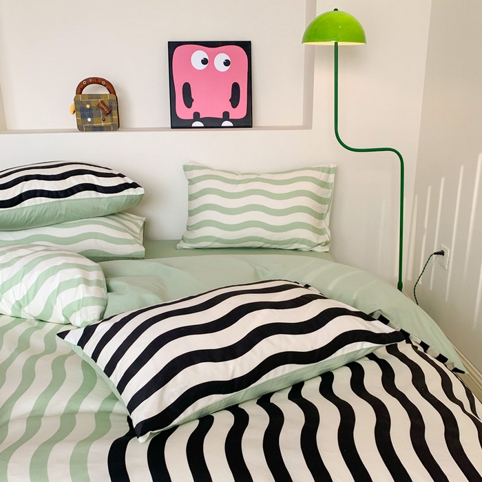 91家纺网 家纺一手货源 找家纺 澳萝拉 2024新款全棉条纹大版四件套 抹茶拿铁