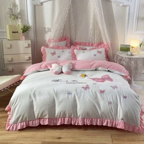 91家纺网 家纺一手货源 找家纺 欧冠家纺 2024四季款云锦棉刺绣绣花四件套-羽蝶 羽蝶-白玉