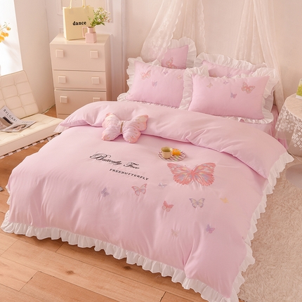 欧冠家纺 2024四季款云锦棉刺绣绣花四件套-羽蝶 羽蝶-粉色