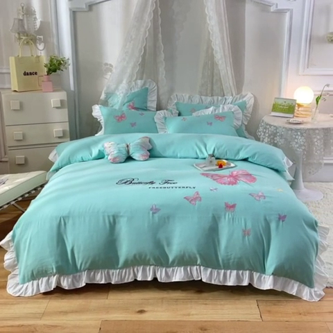 91家纺网 家纺一手货源 找家纺 欧冠家纺 2024四季款云锦棉刺绣绣花四件套-羽蝶 羽蝶-碧绿