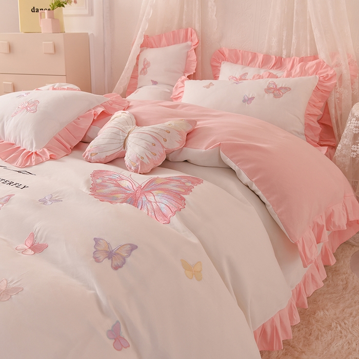 91家纺网 家纺一手货源 找家纺 欧冠家纺 2024四季款云锦棉刺绣绣花四件套-羽蝶 羽蝶-白玉