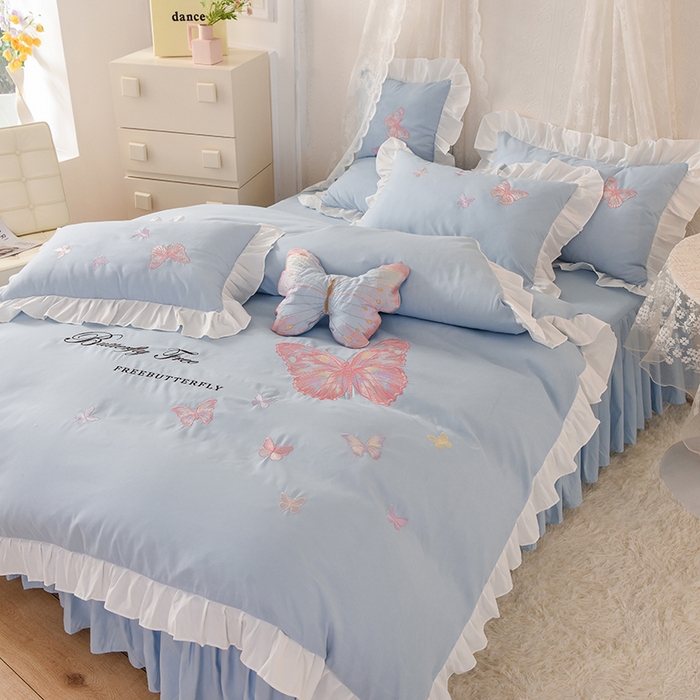 91家纺网 家纺一手货源 找家纺 欧冠家纺 2024四季款云锦棉刺绣绣花四件套-羽蝶 羽蝶-慕蓝