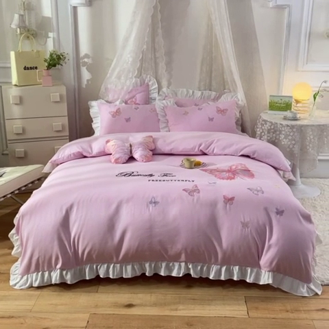 91家纺网 家纺一手货源 找家纺 欧冠家纺 2024四季款云锦棉刺绣绣花四件套-羽蝶 羽蝶-粉色