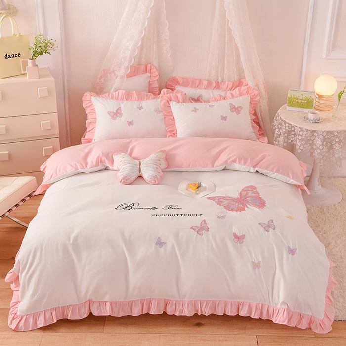 91家纺网 家纺一手货源 找家纺 欧冠家纺 2024四季款云锦棉刺绣绣花四件套-羽蝶 羽蝶-白玉