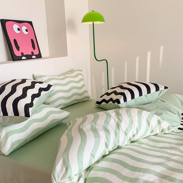 91家纺网 家纺一手货源 找家纺 澳萝拉 2024新款全棉条纹大版四件套 抹茶拿铁