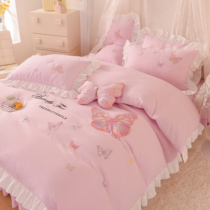 91家纺网 家纺一手货源 找家纺 绒世界 2024四季款云锦棉刺绣绣花四件套-羽蝶系列 羽蝶-粉色