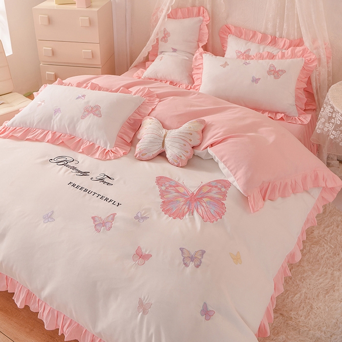 91家纺网 家纺一手货源 找家纺 欧冠家纺 2024四季款云锦棉刺绣绣花四件套-羽蝶 羽蝶-白玉