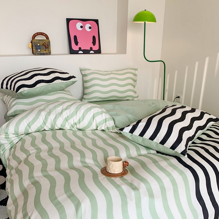 91家纺网 家纺一手货源 找家纺 澳萝拉 2024新款全棉条纹大版四件套 抹茶拿铁