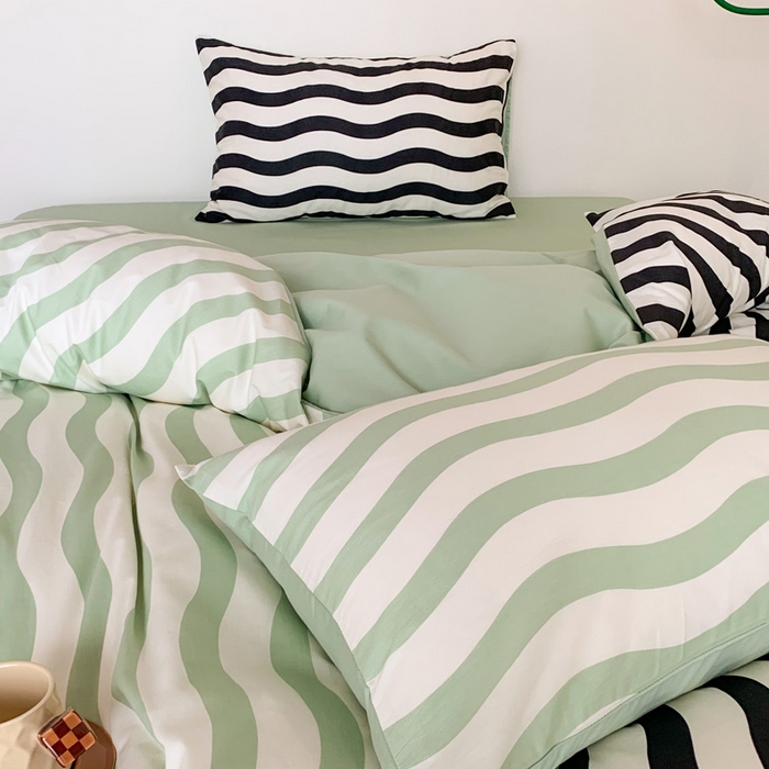 91家纺网 家纺一手货源 找家纺 澳萝拉 2024新款全棉条纹大版四件套 抹茶拿铁