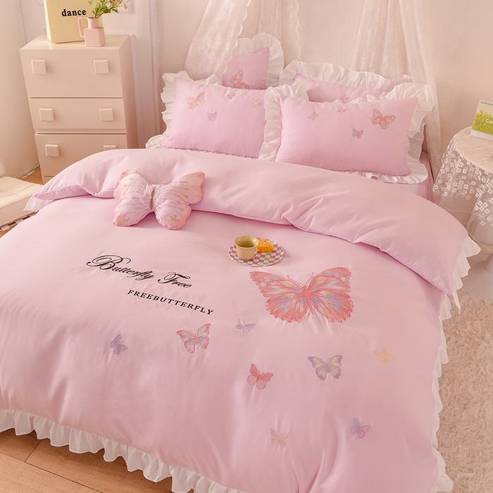 91家纺网 家纺一手货源 找家纺 欧冠家纺 2024四季款云锦棉刺绣绣花四件套-羽蝶 羽蝶-粉色