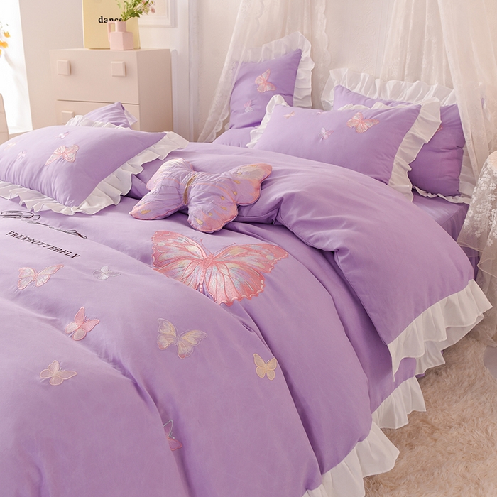 91家纺网 家纺一手货源 找家纺 欧冠家纺 2024四季款云锦棉刺绣绣花四件套-羽蝶 羽蝶-紫色