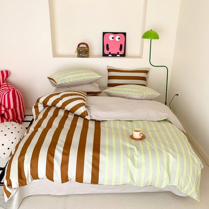 91家纺网 家纺一手货源 找家纺 澳萝拉 2024新款全棉条纹大版四件套 焦糖玛奇朵