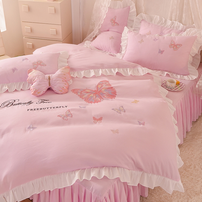 91家纺网 家纺一手货源 找家纺 绒世界 2024四季款云锦棉刺绣绣花四件套-羽蝶系列 羽蝶-粉色