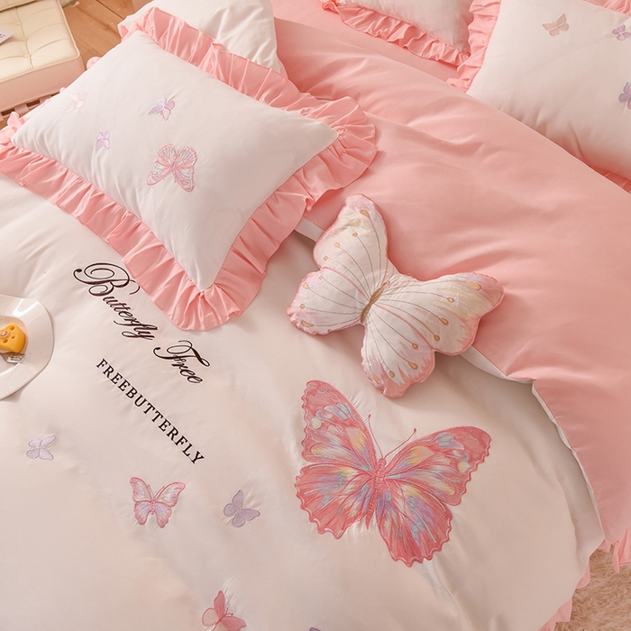 91家纺网 家纺一手货源 找家纺 欧冠家纺 2024四季款云锦棉刺绣绣花四件套-羽蝶 羽蝶-白玉