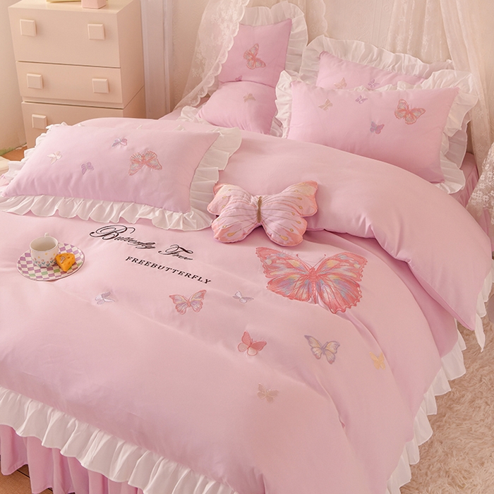 91家纺网 家纺一手货源 找家纺 欧冠家纺 2024四季款云锦棉刺绣绣花四件套-羽蝶 羽蝶-粉色