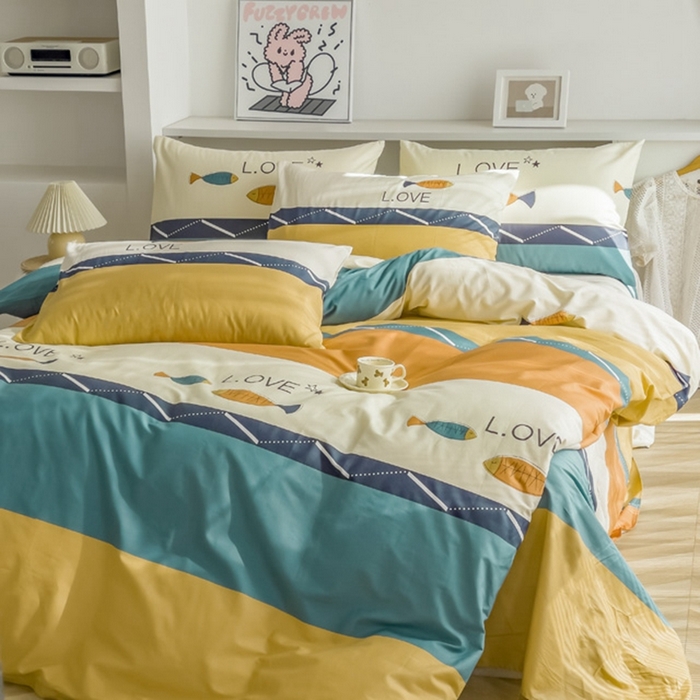 91家纺网 家纺一手货源 找家纺 首爱家纺 2025新款纯棉斜纹印花四件套 鱼之恋